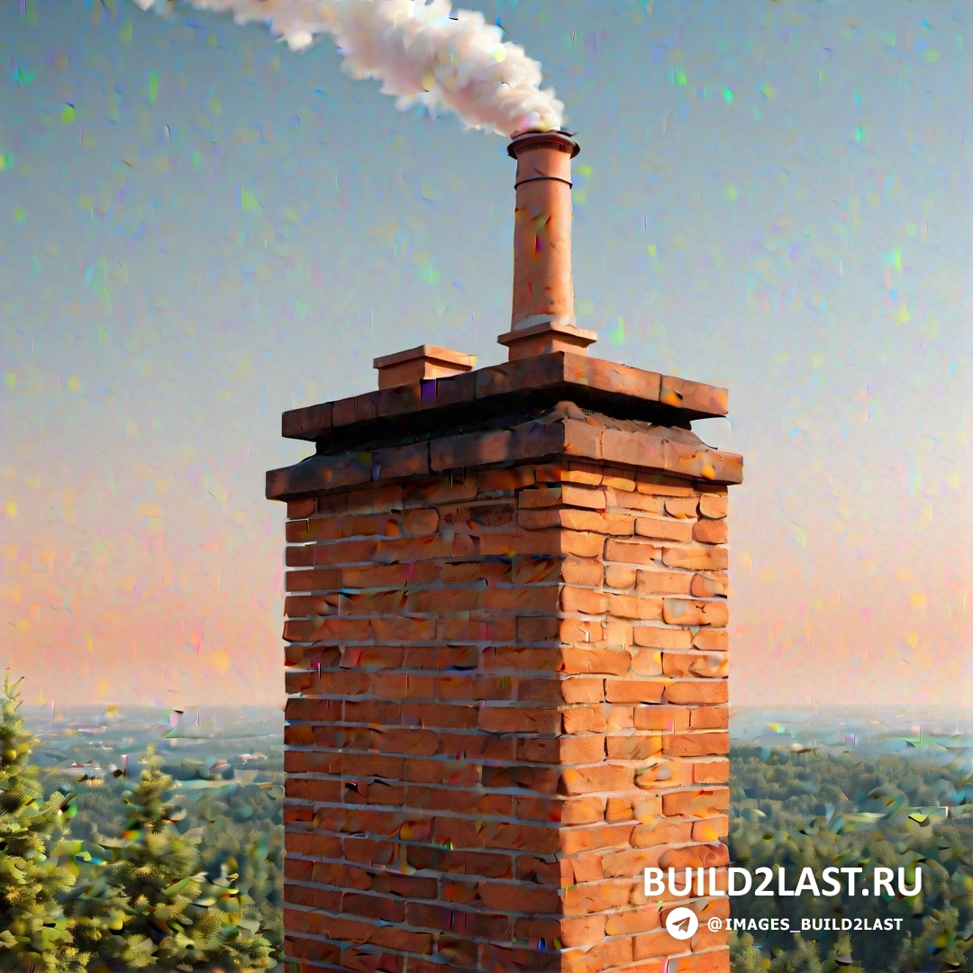 Экологическое искусство - матовая живопись. Дымоход с дымовой трубой на крыше кирпичного здания с видом на долину внизу