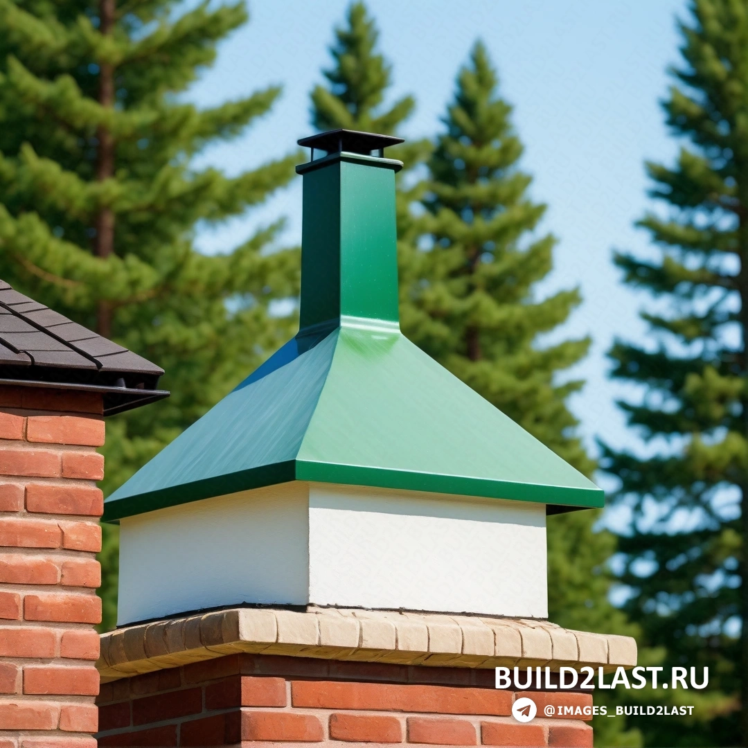 Движение декоративно-прикладного искусства - цифровой рендеринг. Дымоход с зеленой крышей и белым колпаком дымохода на кирпичном здании с соснами на заднем плане