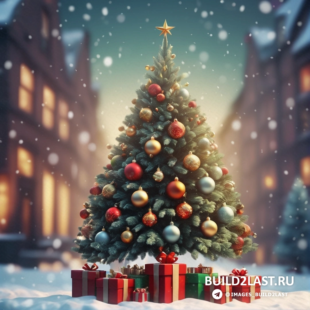 елка с подарками в снегу со звездой на вершине и городской улицей