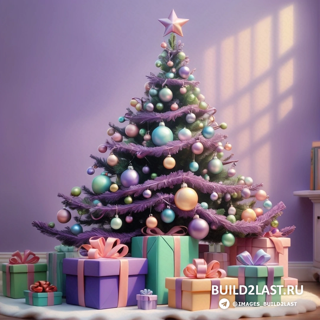 елка с подарками и звездой на верхушке, в комнате с фиолетовыми стенами