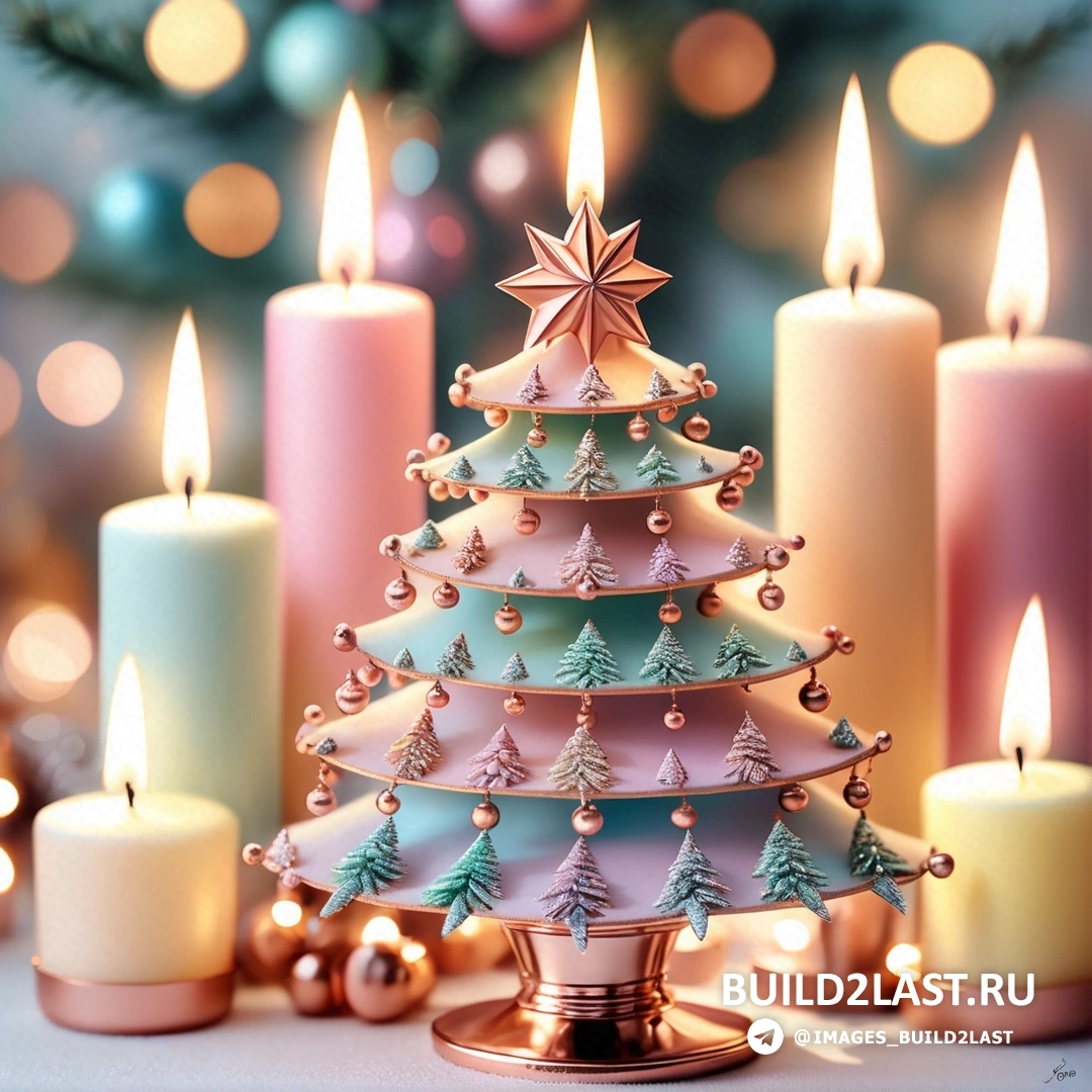 елка с зажженными свечами и елочными украшениеми, с размытым фоном