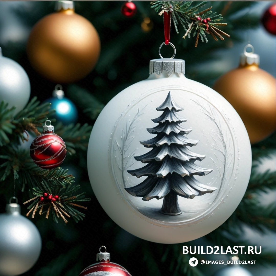 елочное украшение, свисающее с рождественской елки, с украшениями вокруг него и красно-белой лентой
