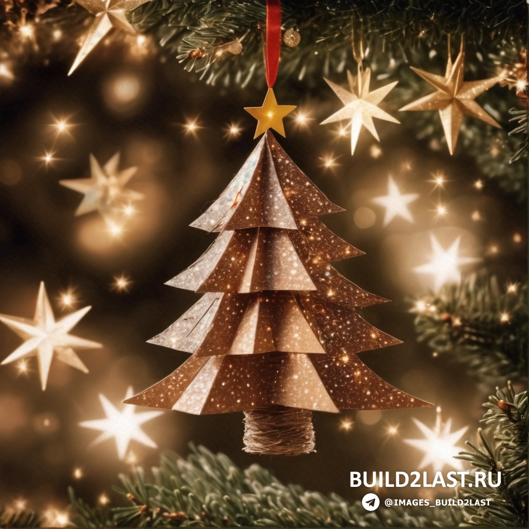 елочное украшение, свисающее с ветки рождественской елки, со звездами вокруг него и красной лентой