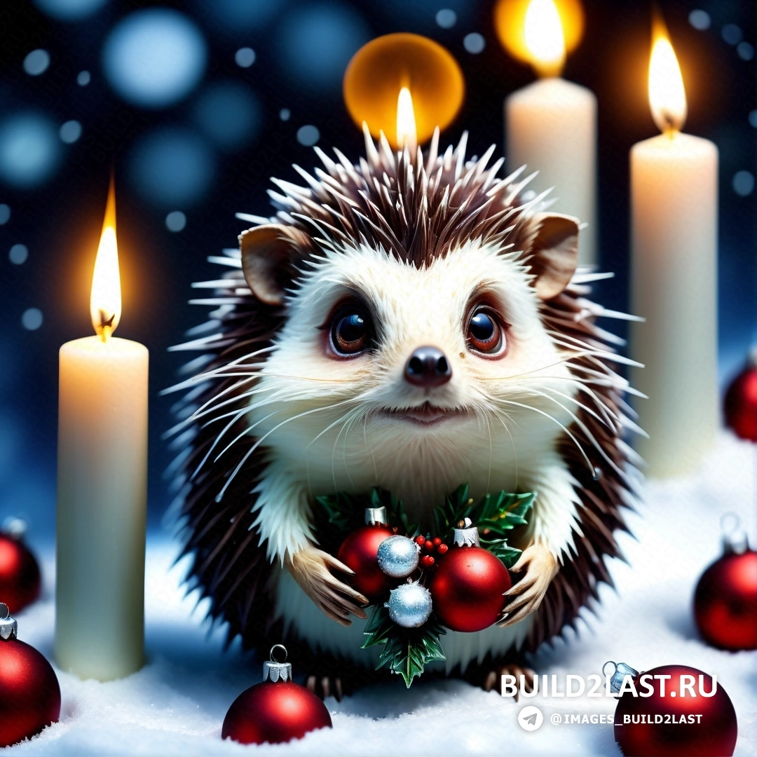 ёжик с венком и рождественскими украшениями вокруг него, в окружении свечей и украшений, на заснеженной поверхности