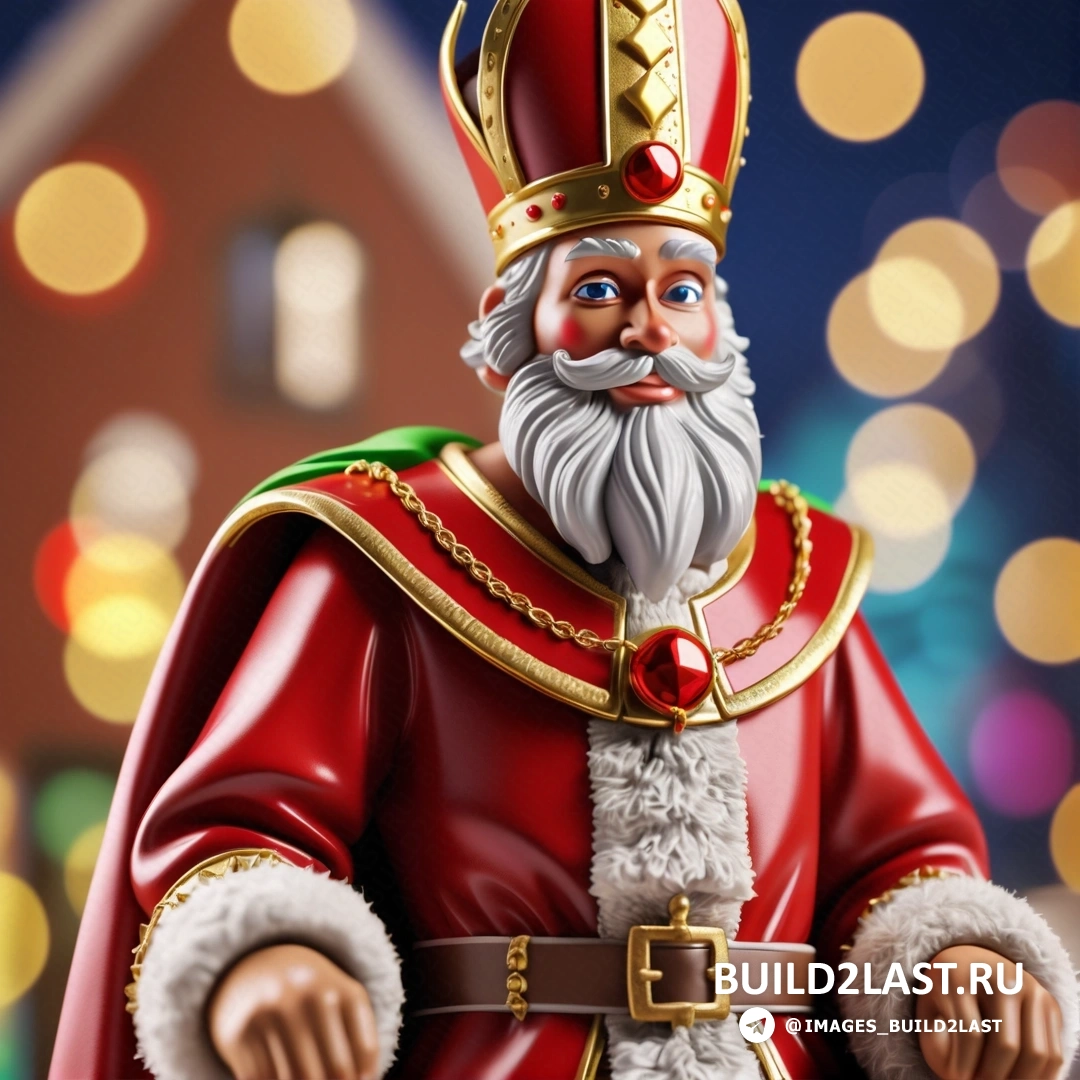 фигурка Санта-Клауса позирует перед рождественским световым дисплеем дома и улицы