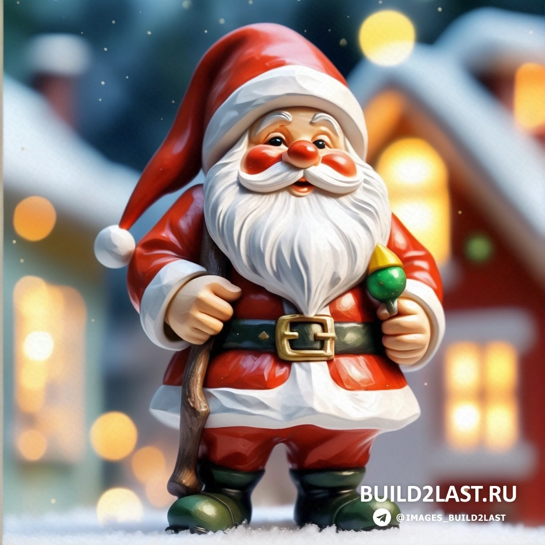 фигурка Санта-Клауса стоит на снегу с рождественским украшением на груди и домом