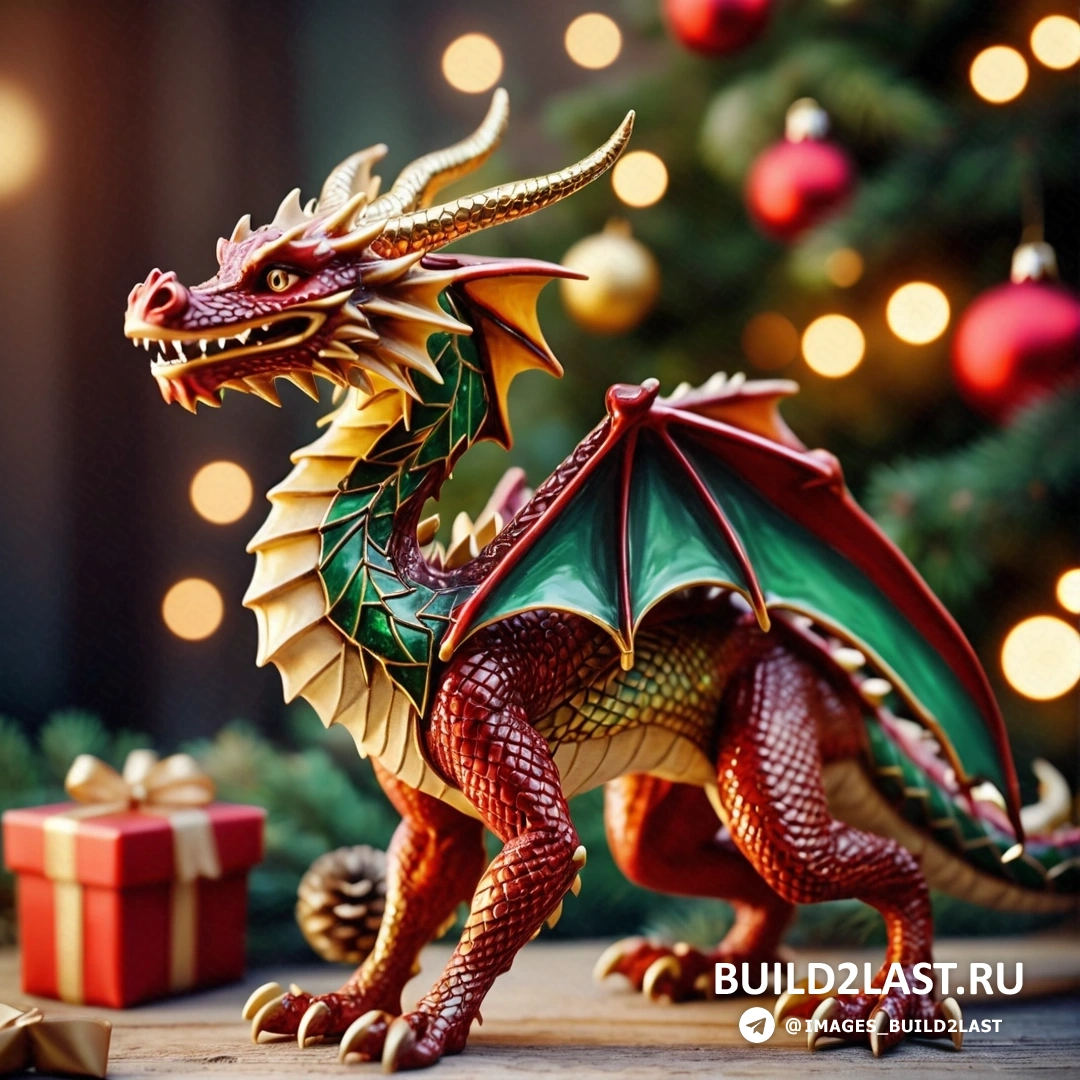 фигурка дракона рядом с рождественской елкой с подарочной коробкой перед ней