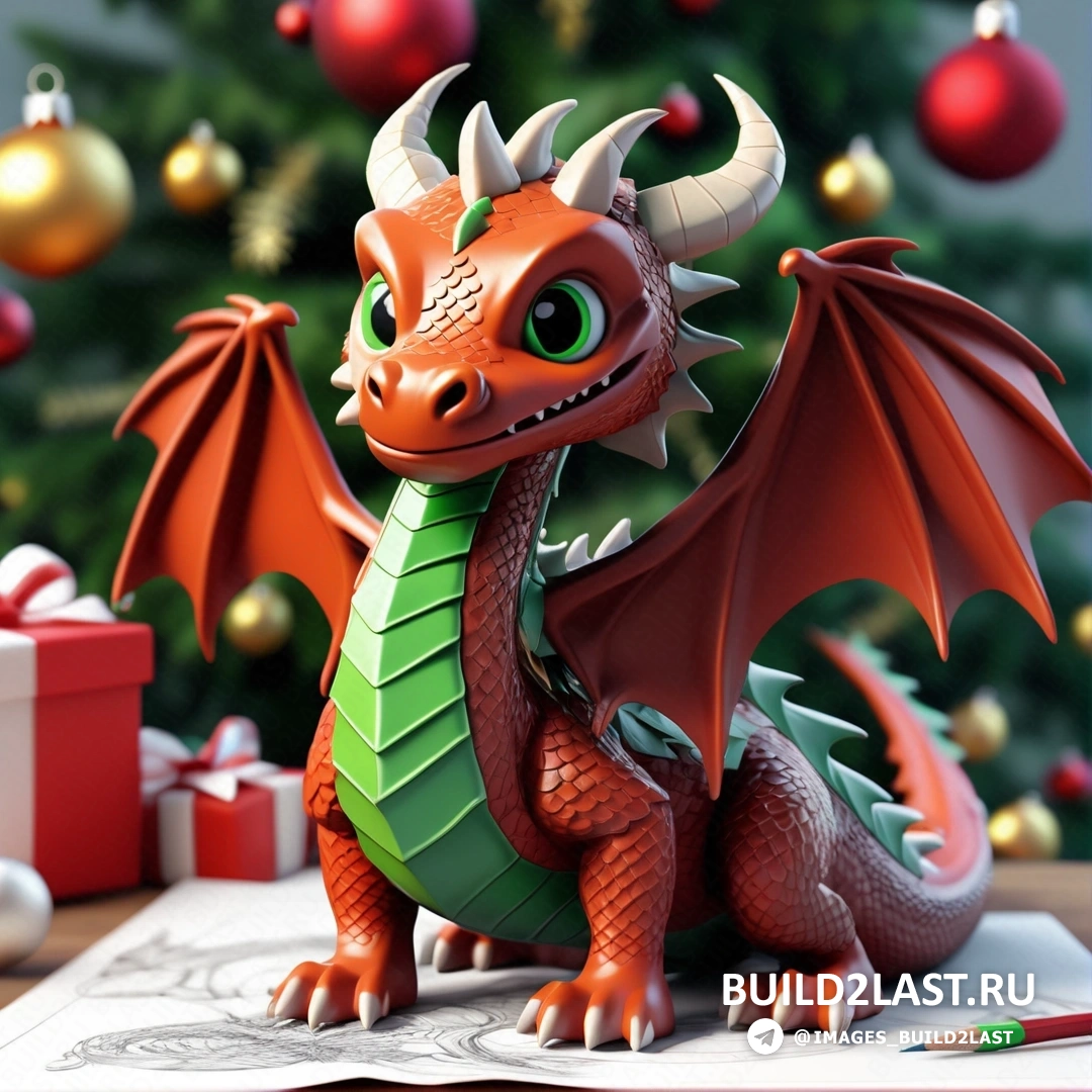 фигурка дракона, на столе рядом с рождественской елкой