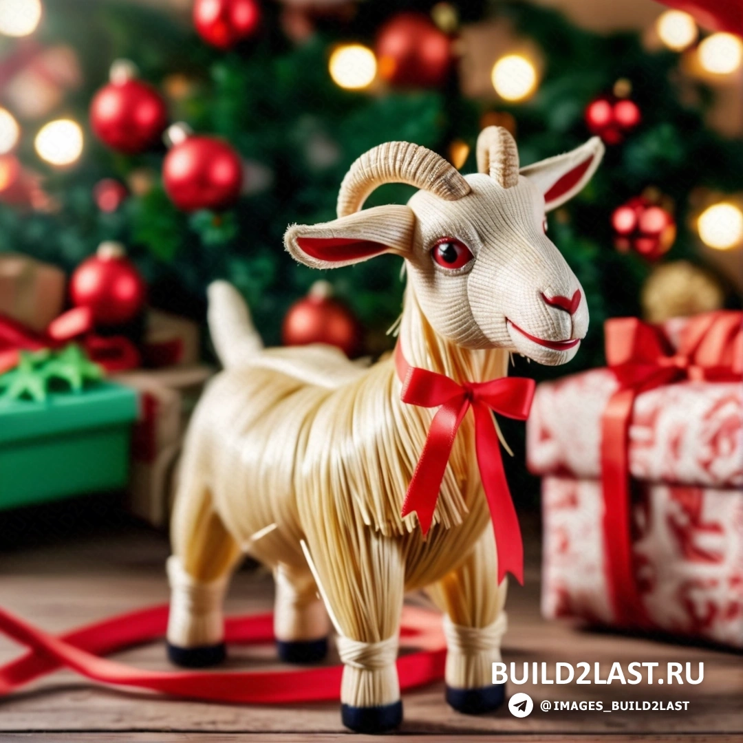 фигурка козла с красной лентой на шее и рождественской елкой с подарками