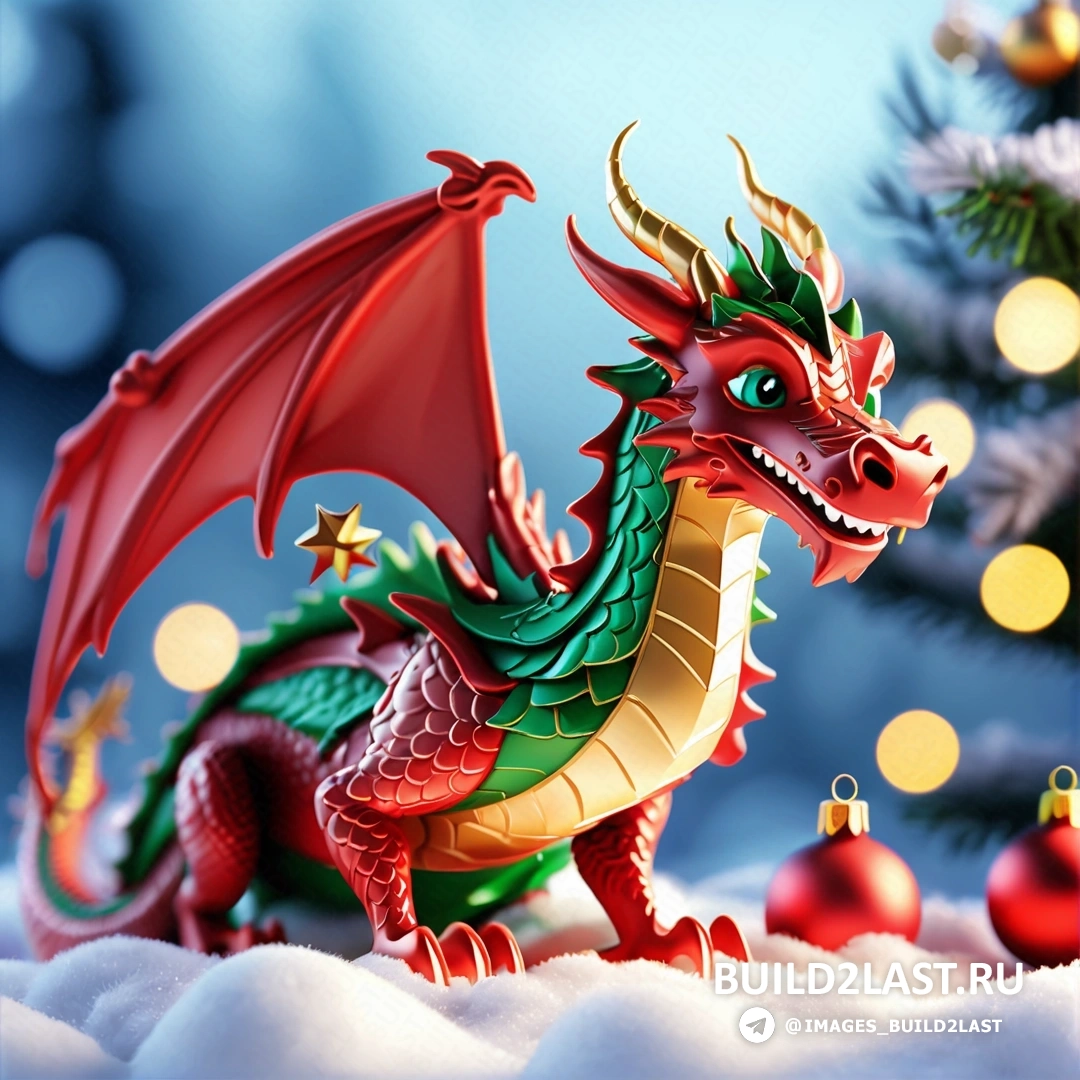 фигурка красного дракона, рядом с рождественской елкой с украшениями