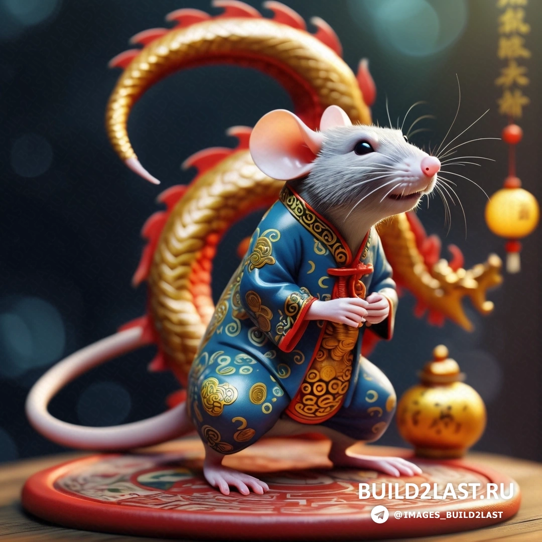 фигурка крысы расположена на столе с орнаментом и китайским символом сбоку