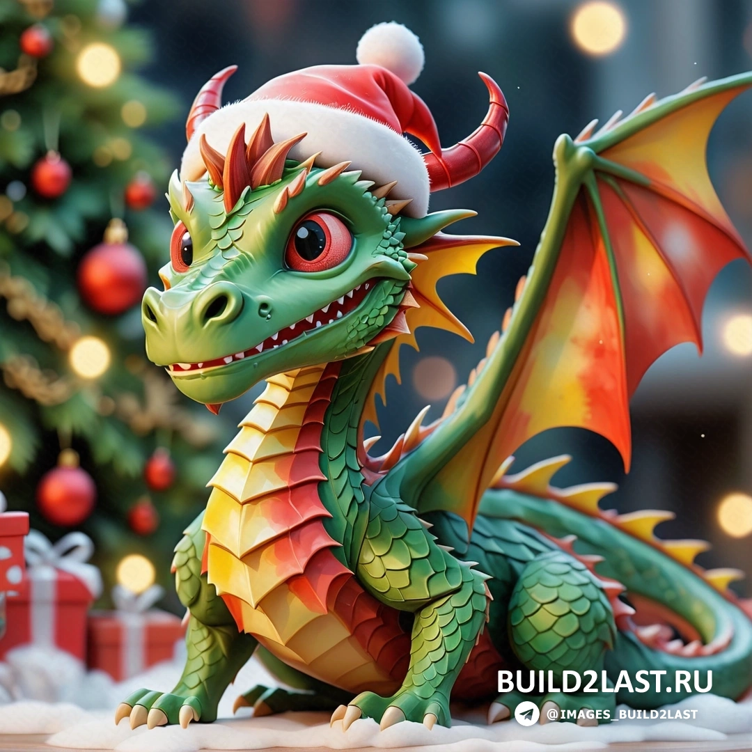 фигурка рождественского дракона, рядом с рождественской елкой с шапкой