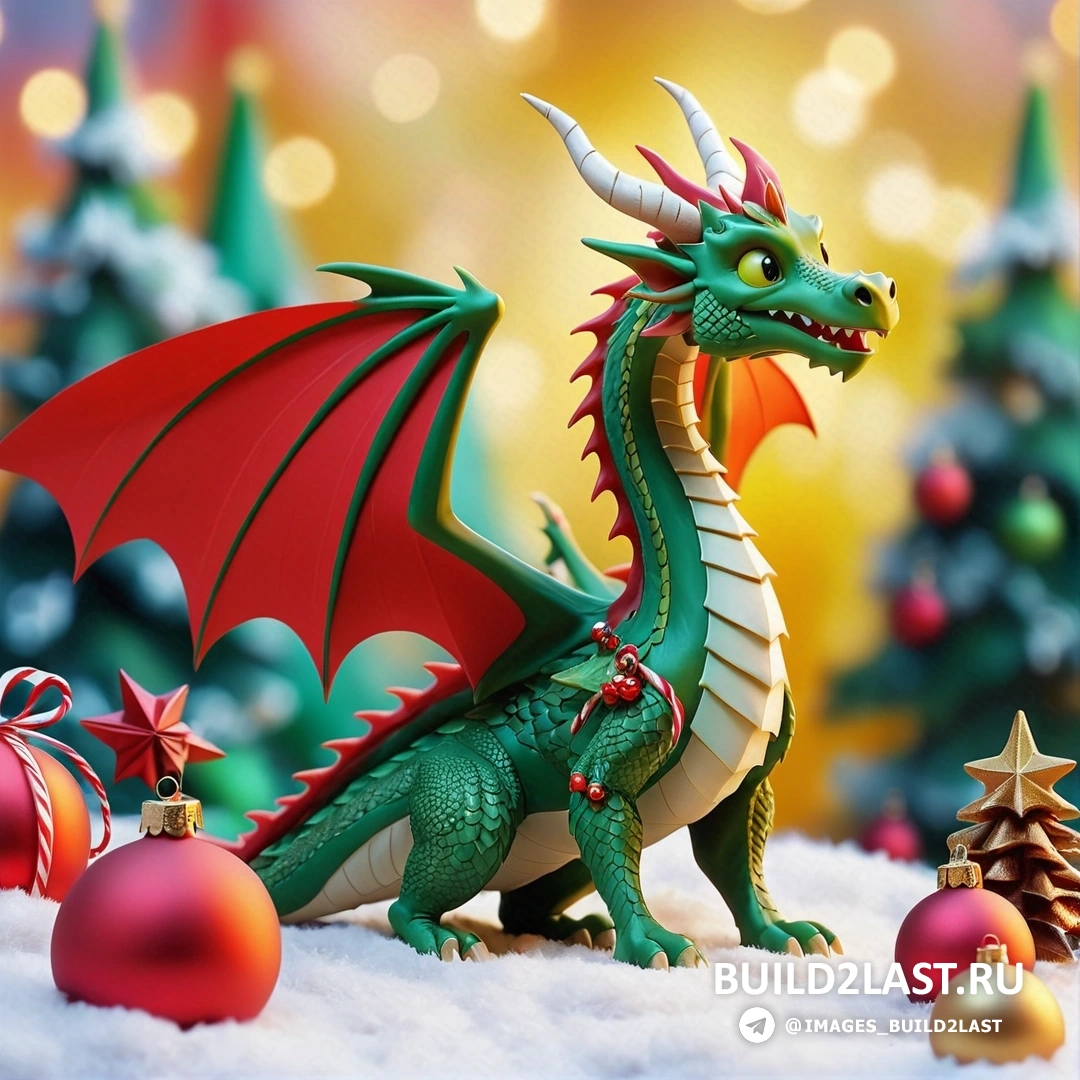 фигурка зеленого дракона с красными крыльями, красным носом и хвостом, окруженная рождественскими украшениями