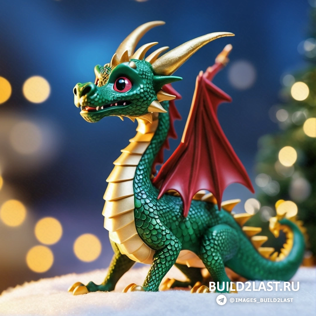 фигурка зеленого дракона, на вершине заснеженной земли рядом с рождественской елкой с огнями