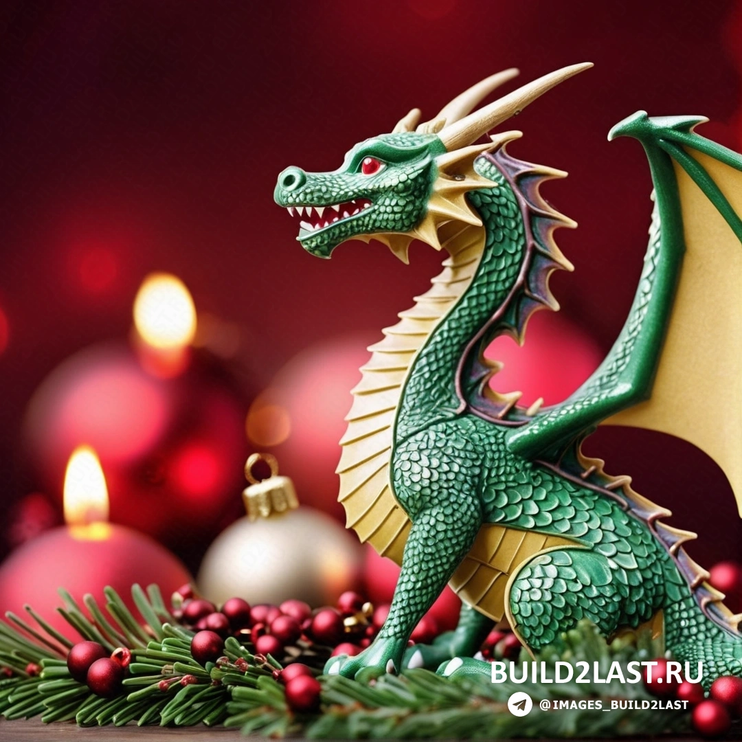 фигурка зеленого дракона, на столе рядом с рождественскими украшениями и свечами на красном фоне