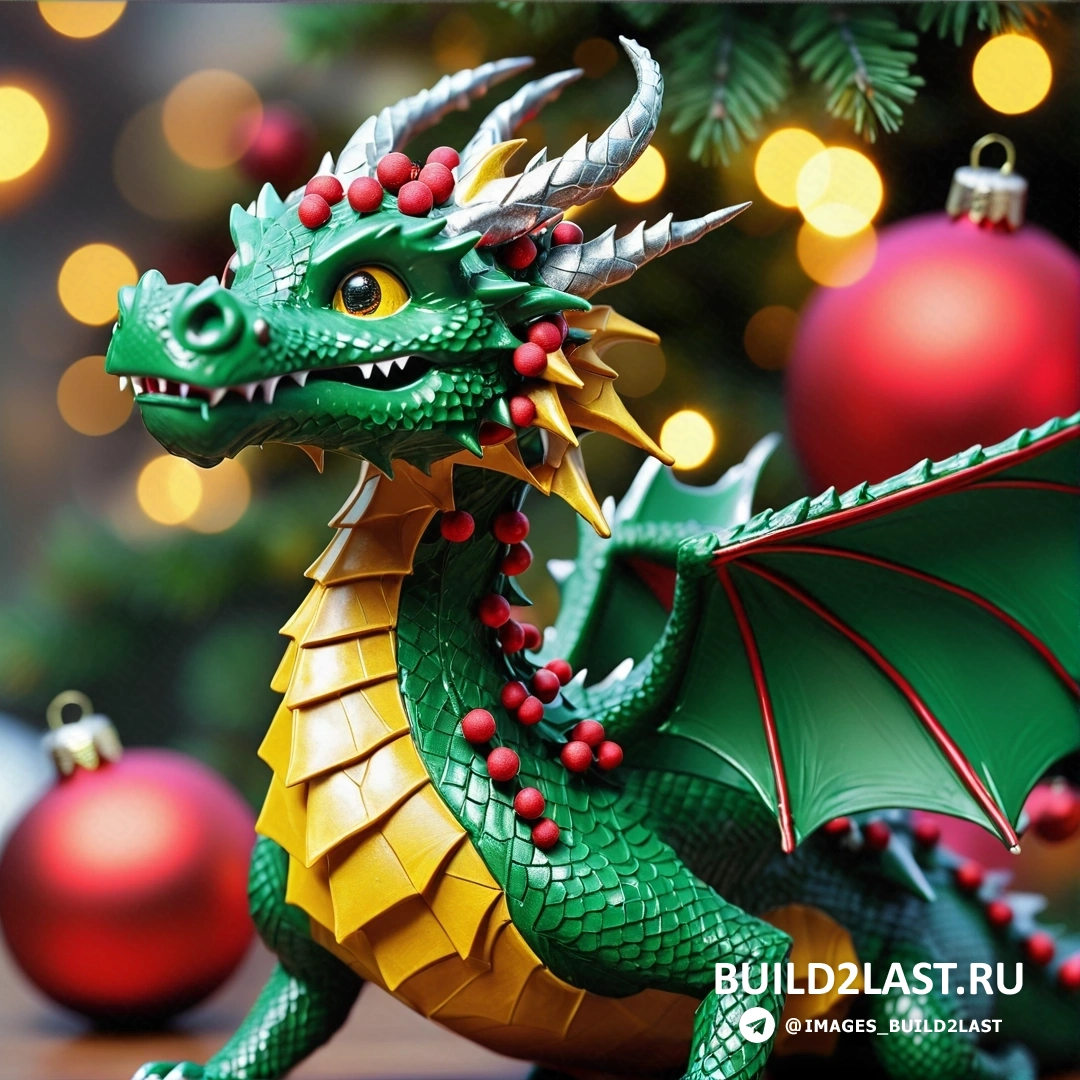 фигурка зеленого дракона, рядом с рождественской елкой, с украшениями и красным орнаментом, свисающим сверху