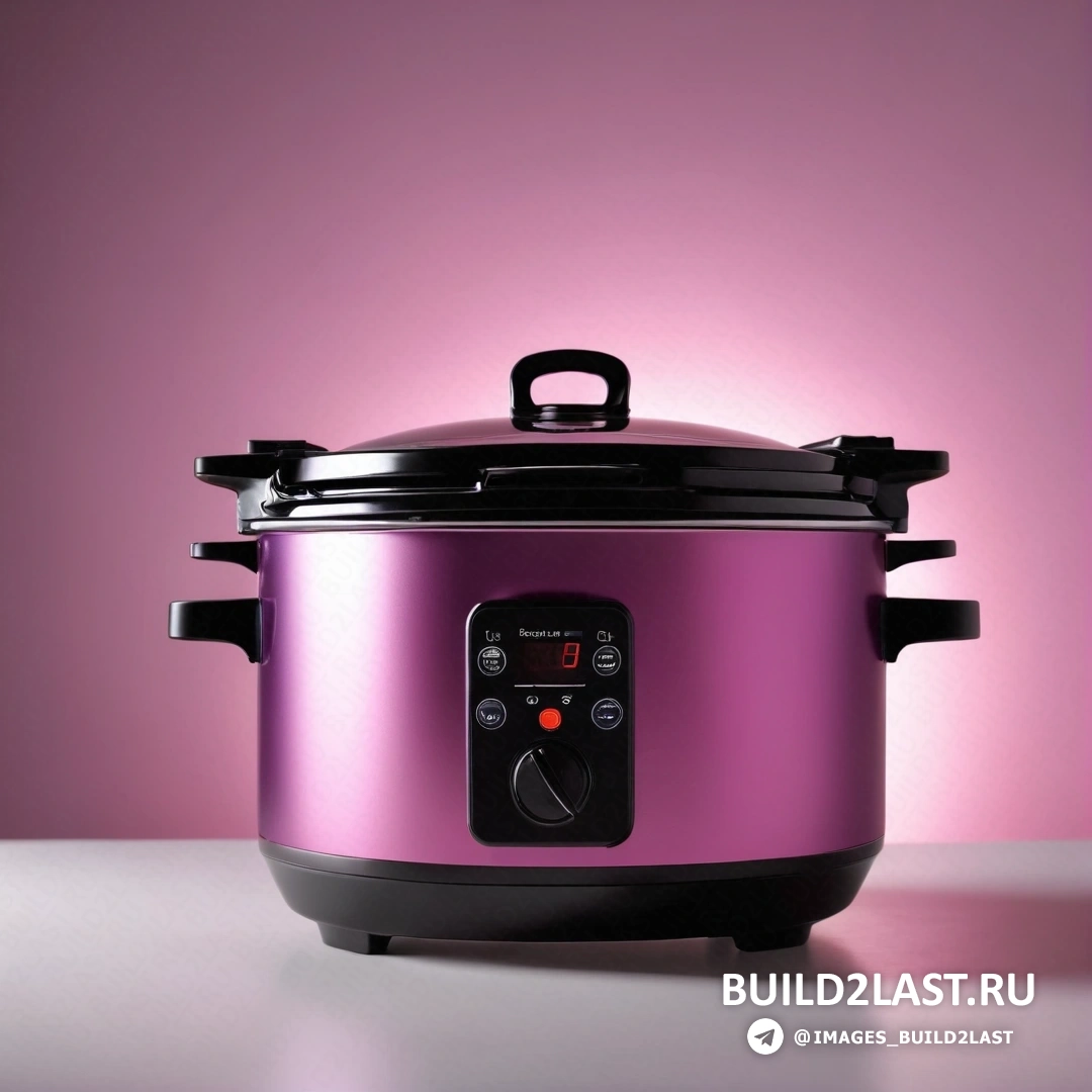 Синхромизм - компьютерный рендеринг. Фиолетовая кастрюля с черной крышкой на столе с розовым фоном