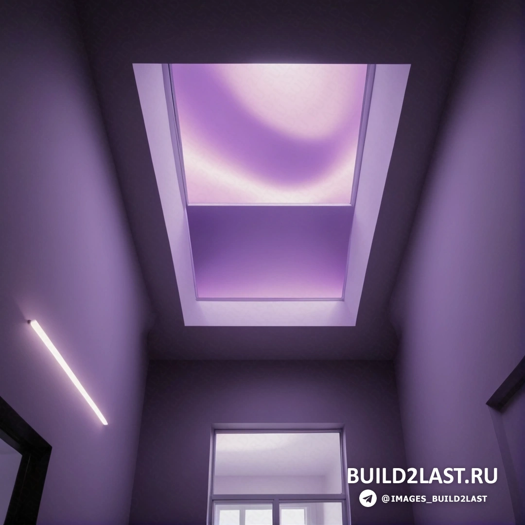 Свет и пространство - 3D-рендер. Фиолетовая комната с окном и мансардным окном над ним, а также дверью, ведущей в другую комнату