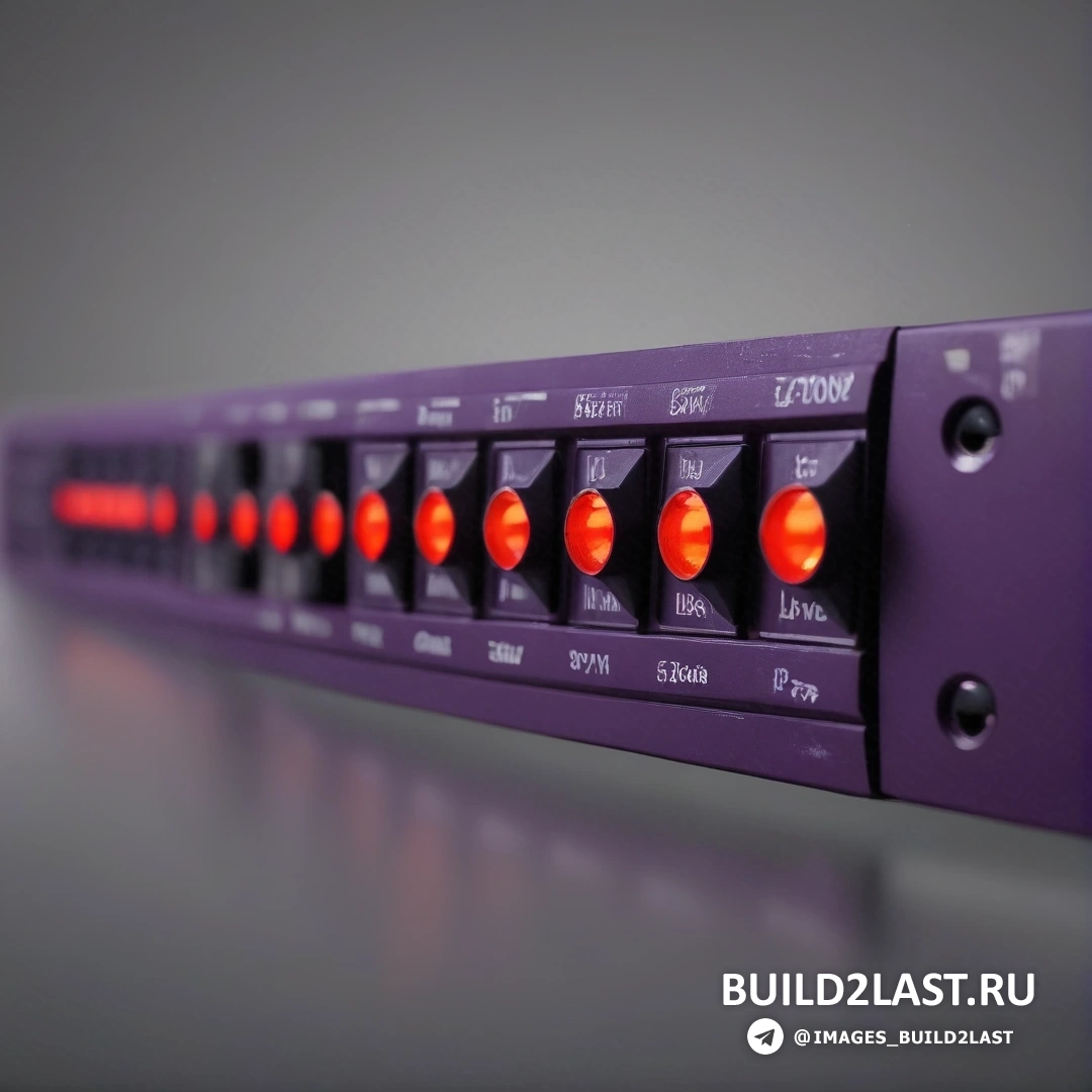 Синхромизм - компьютерная визуализация. Фиолетовая панель переключателей с красными кнопками на столешнице с серым фоном