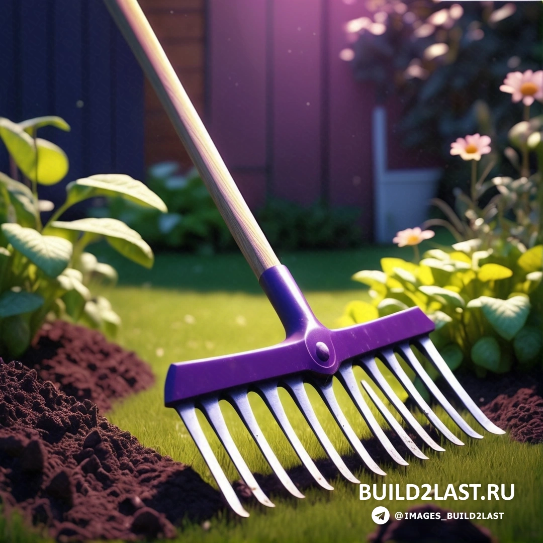 Фотореализм - 3D рендер. Фиолетовые грабли лежат в грязи возле клумбы с цветами и травой на фоне фиолетового дома