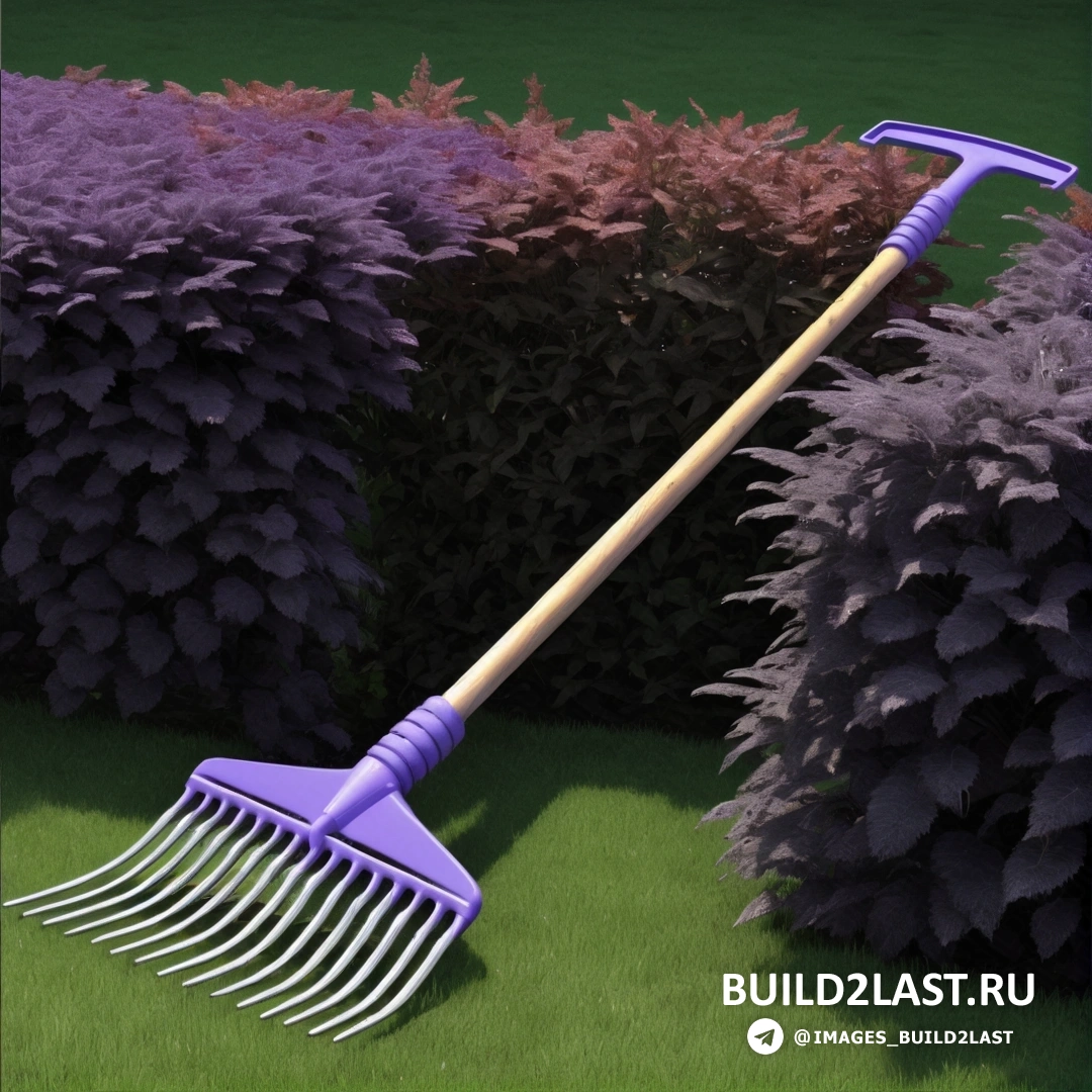 Прецизионизм - 3D рендер. Фиолетовые грабли в траве рядом с кустом фиолетовых цветов и кустов.