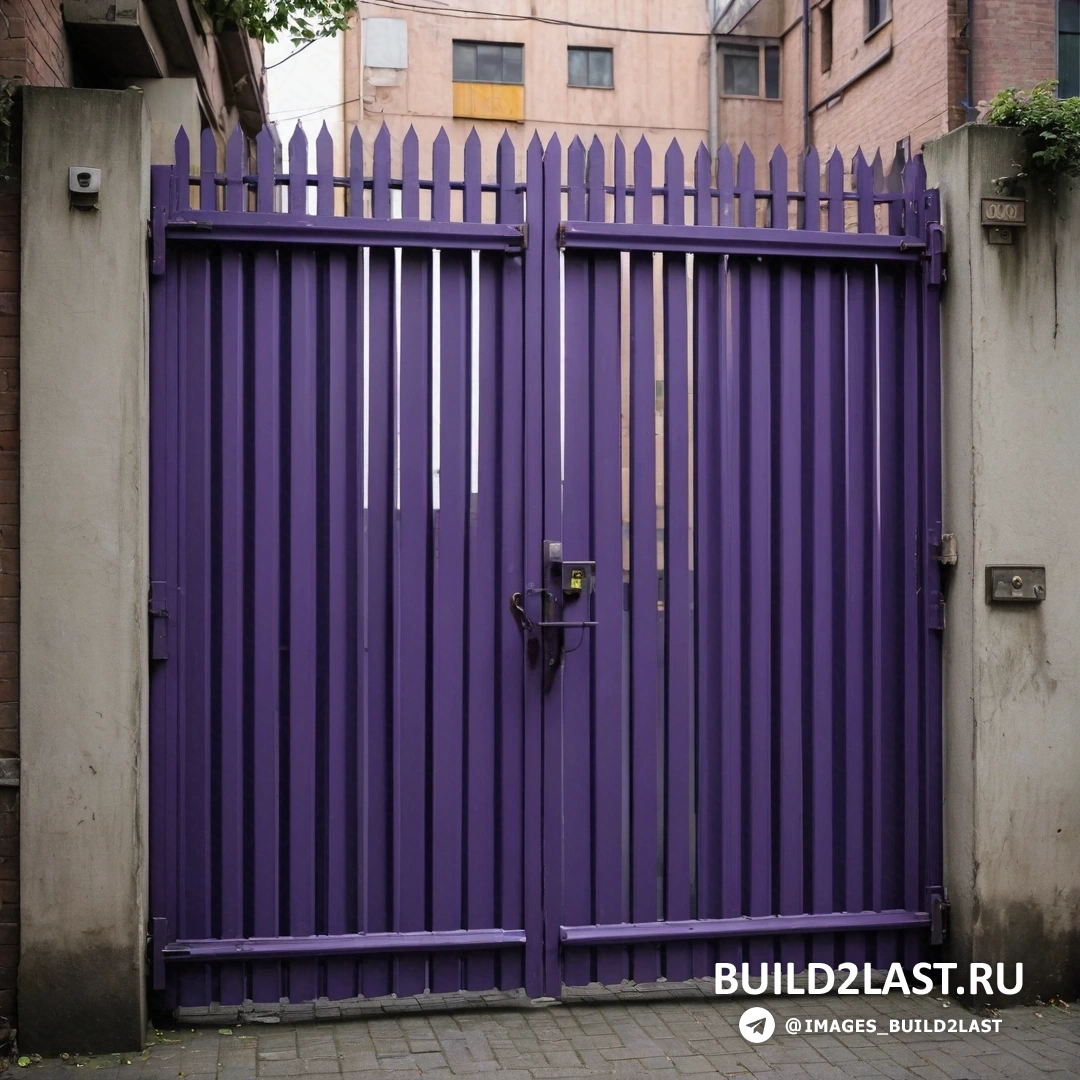 Институциональная критика - фламандское барокко. Фиолетовые ворота с кирпичным тротуаром и зданием на заднем плане