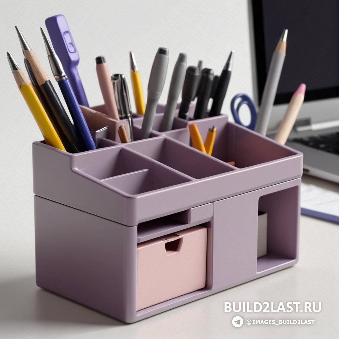 Arbeitsrat für kunst - 3D render. Фиолетовый контейнер с ручками и карандашами в нем рядом с ноутбуком на столе с клавиатурой