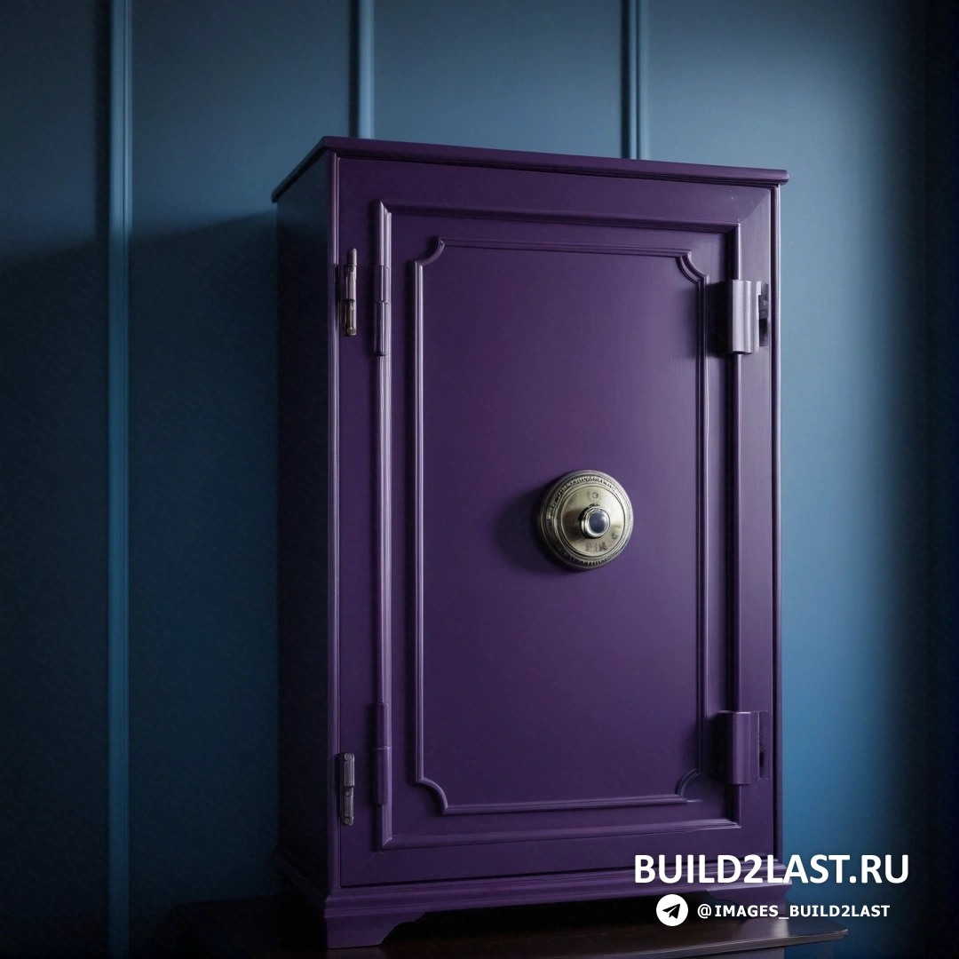 Движение искусств и ремесел - фламандское барокко. Фиолетовый шкаф с латунной ручкой сбоку в комнате с синими стенами и деревянной полкой