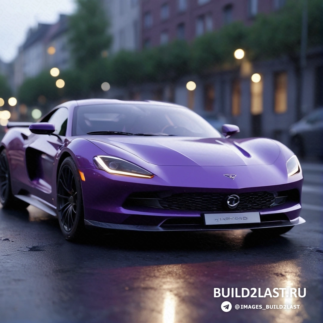 Фотореализм - 3D визуализация. Фиолетовый спортивный автомобиль припаркован на обочине дороги под дождем ночью с включенными фарами