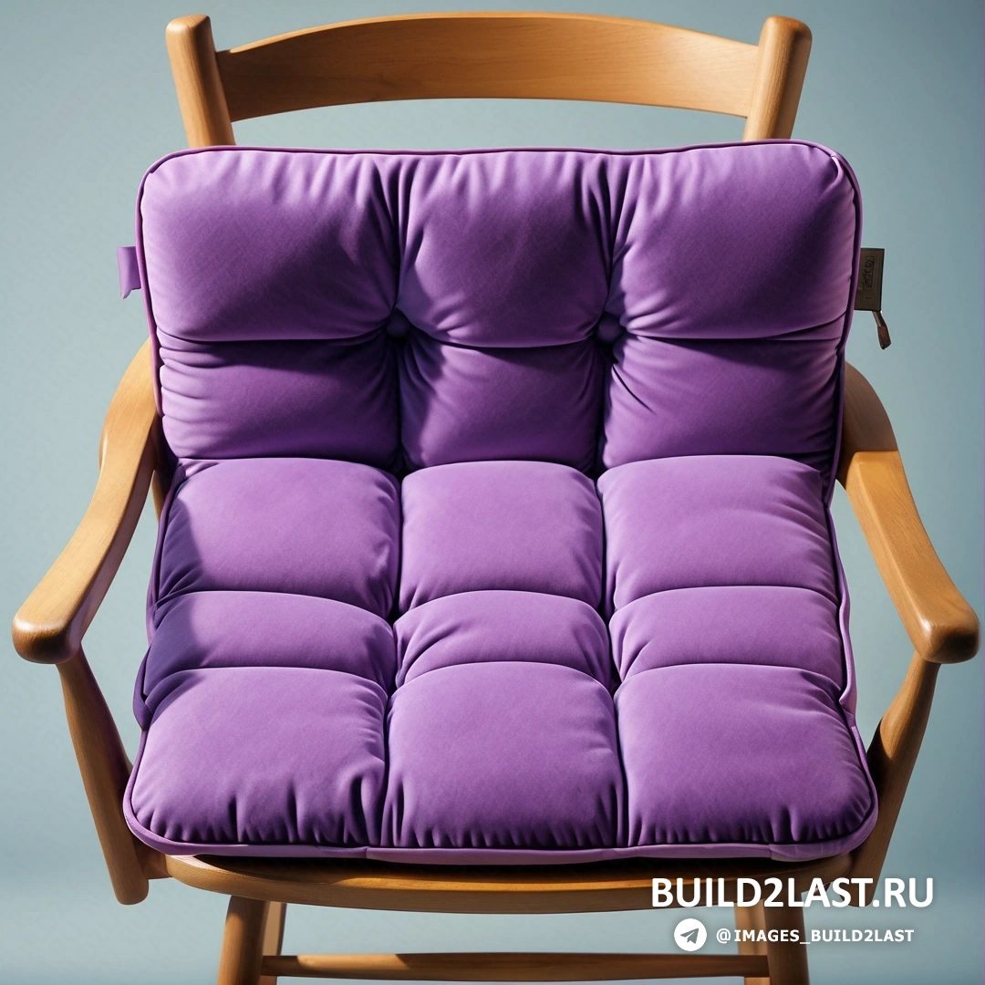 Китчевое движение - 3D рендер. Фиолетовый стул с деревянной рамой и подушкой на задней части и синим фоном.
