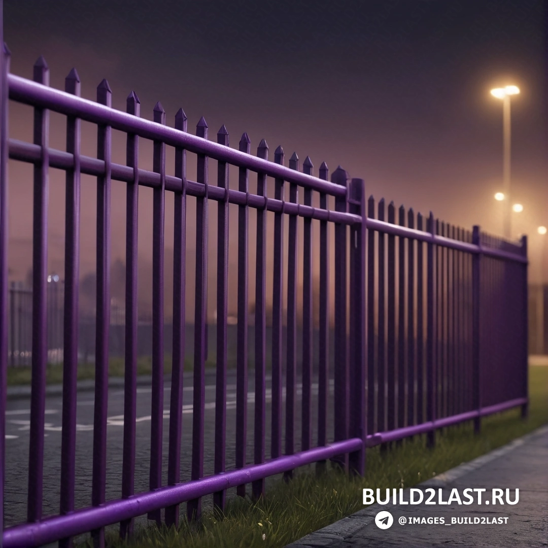 Фотореализм - детальная матовая живопись. Фиолетовый забор стоит рядом с улицей ночью с уличным фонарем на заднем плане