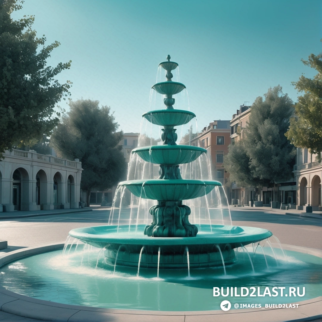 Фотореализм - цифровой рендеринг. Фонтан с водным сооружением на городской площади с деревьями и зданиями на заднем плане.