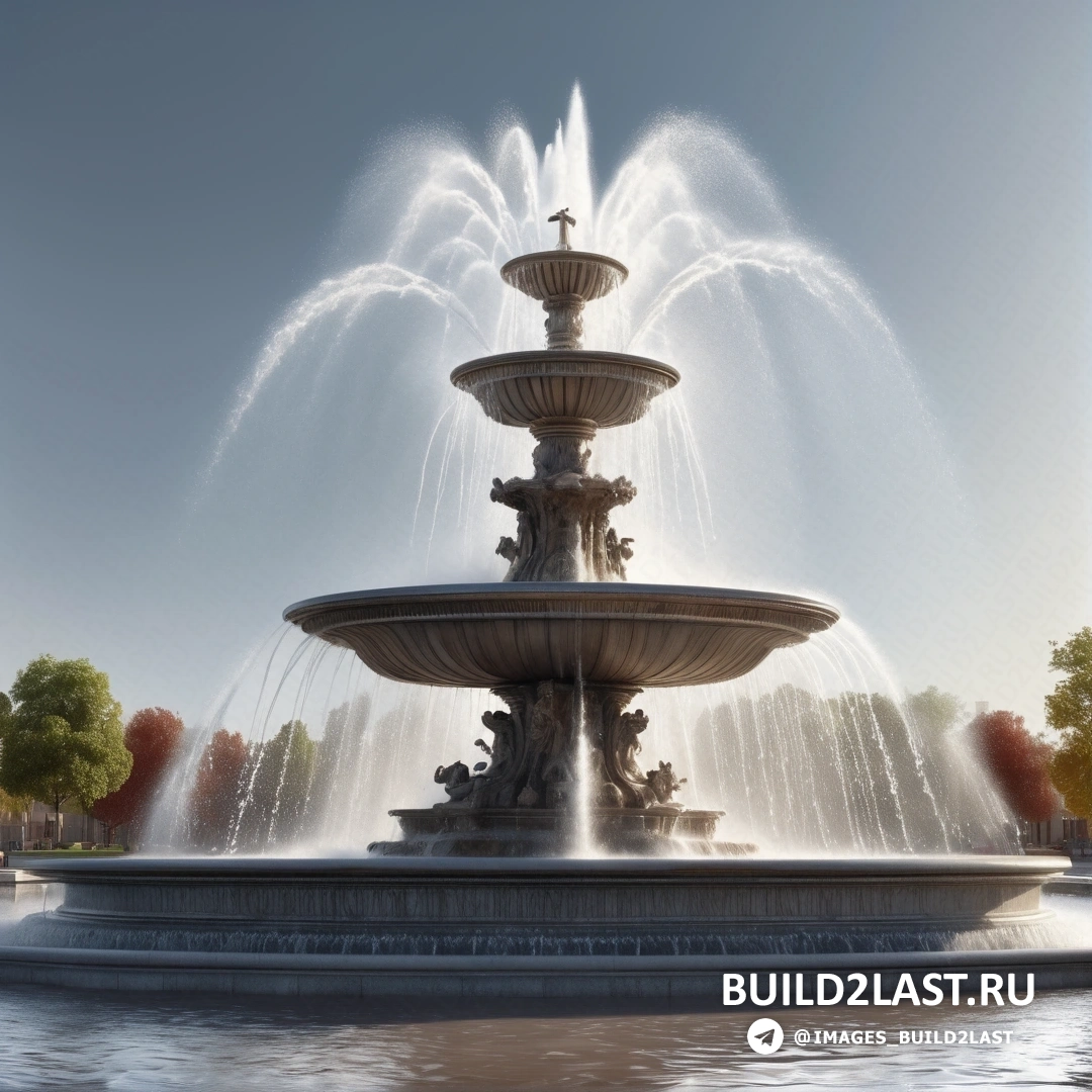 Фотореализм - цифровой рендеринг. Фонтан со статуей птицы на вершине в парковой зоне с деревьями и голубым небом.