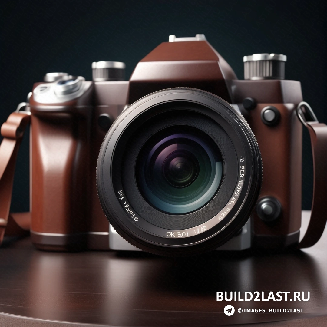 Фотореализм - 3D рендер. Фотоаппарат с коричневым ремешком на столе с черным фоном