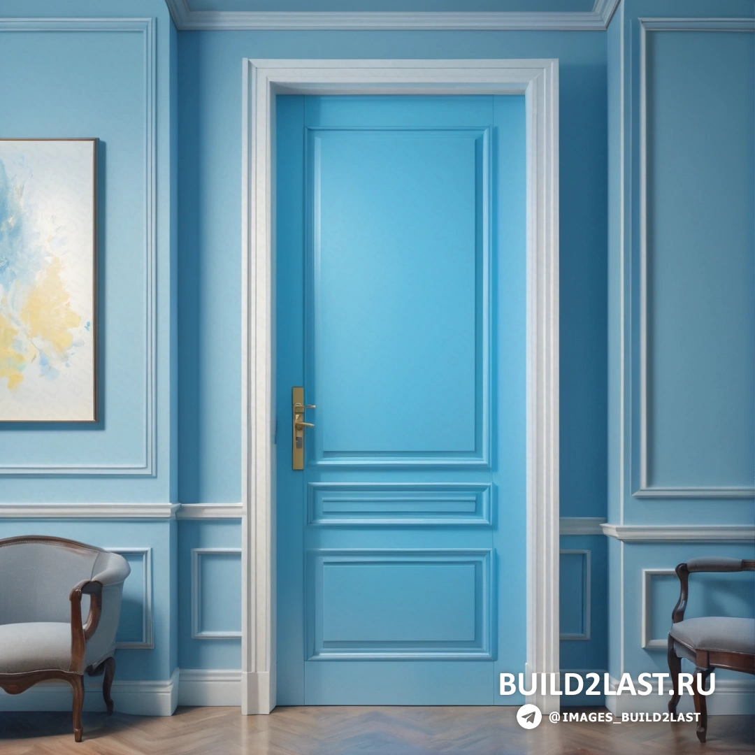 Постминимализм - 3D рендер. Синяя комната со стулом и картиной на стене.