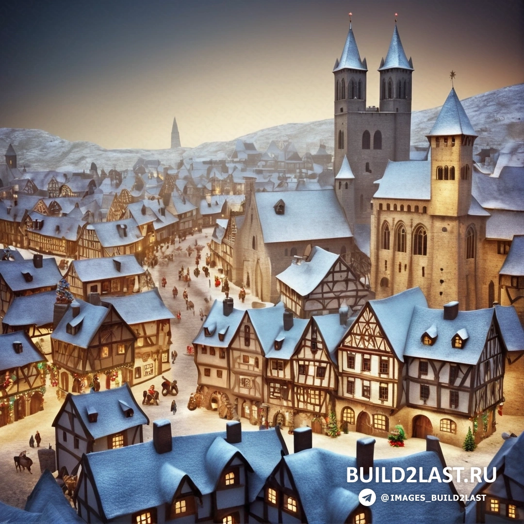 средневековый заснеженный город с множеством зданий
