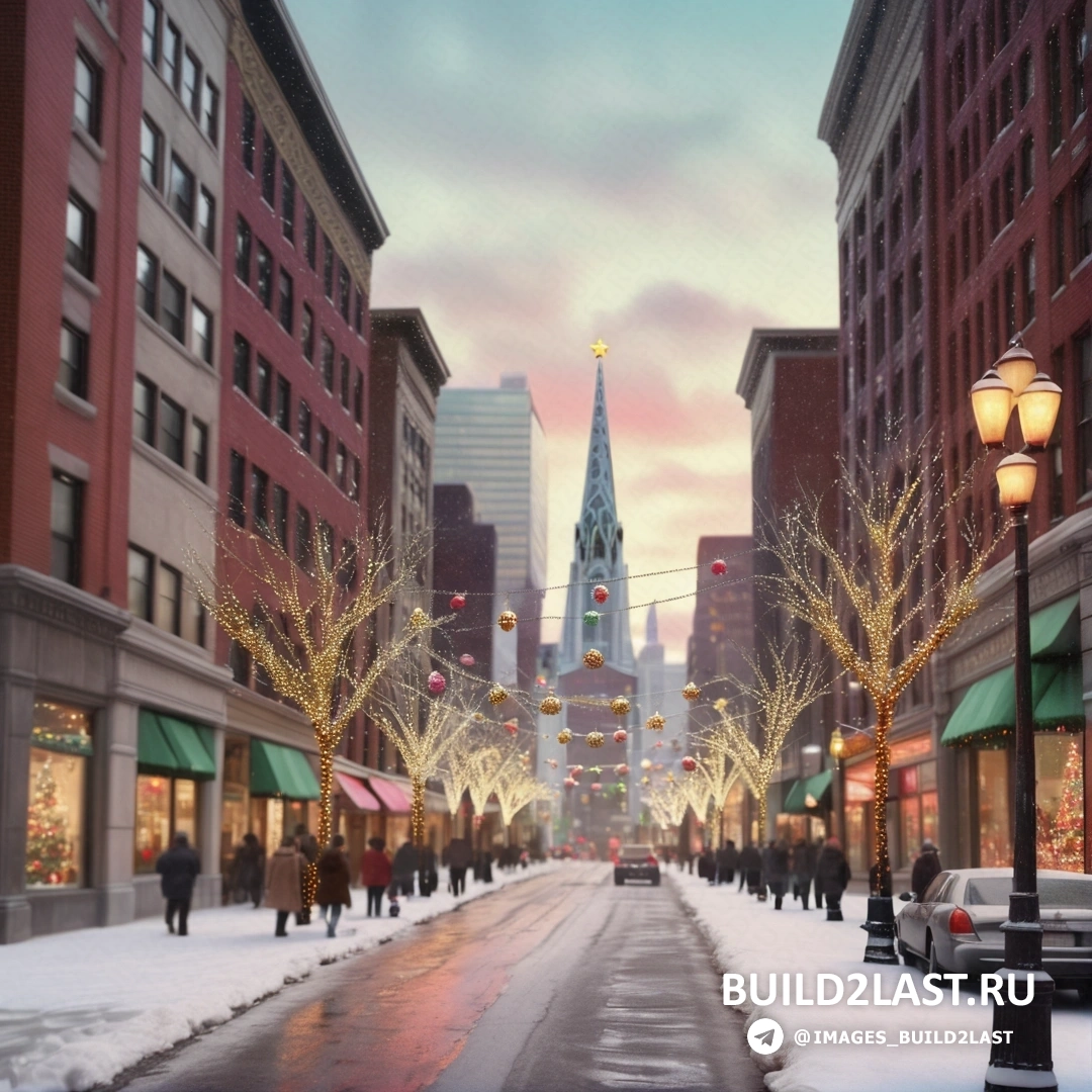 городская улица с большим количеством снега на земле и людьми, идущими по улице в снегу
