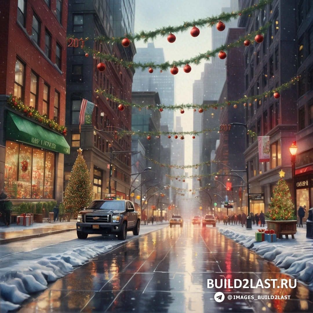 городская улица с проезжающей по ней машиной по снегу и рождественскими украшениями, свисающими со зданий и фонарями