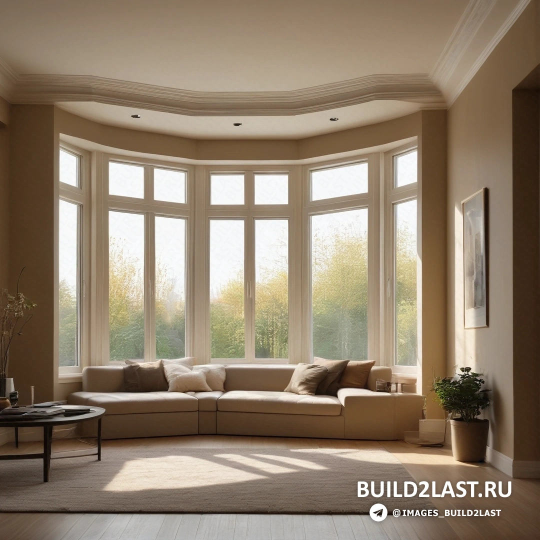 Движение искусств и ремесел - цифровая визуализация. Гостиная с большим окном и диваном в углу с ковром на полу