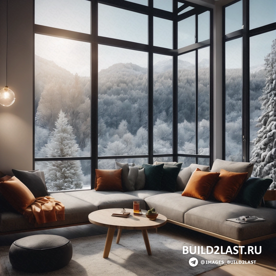 Стеклопакеты: свет и пространство - 3D рендер. гостиная с большим окном и диваном с подушками и журнальным столиком с чашкой