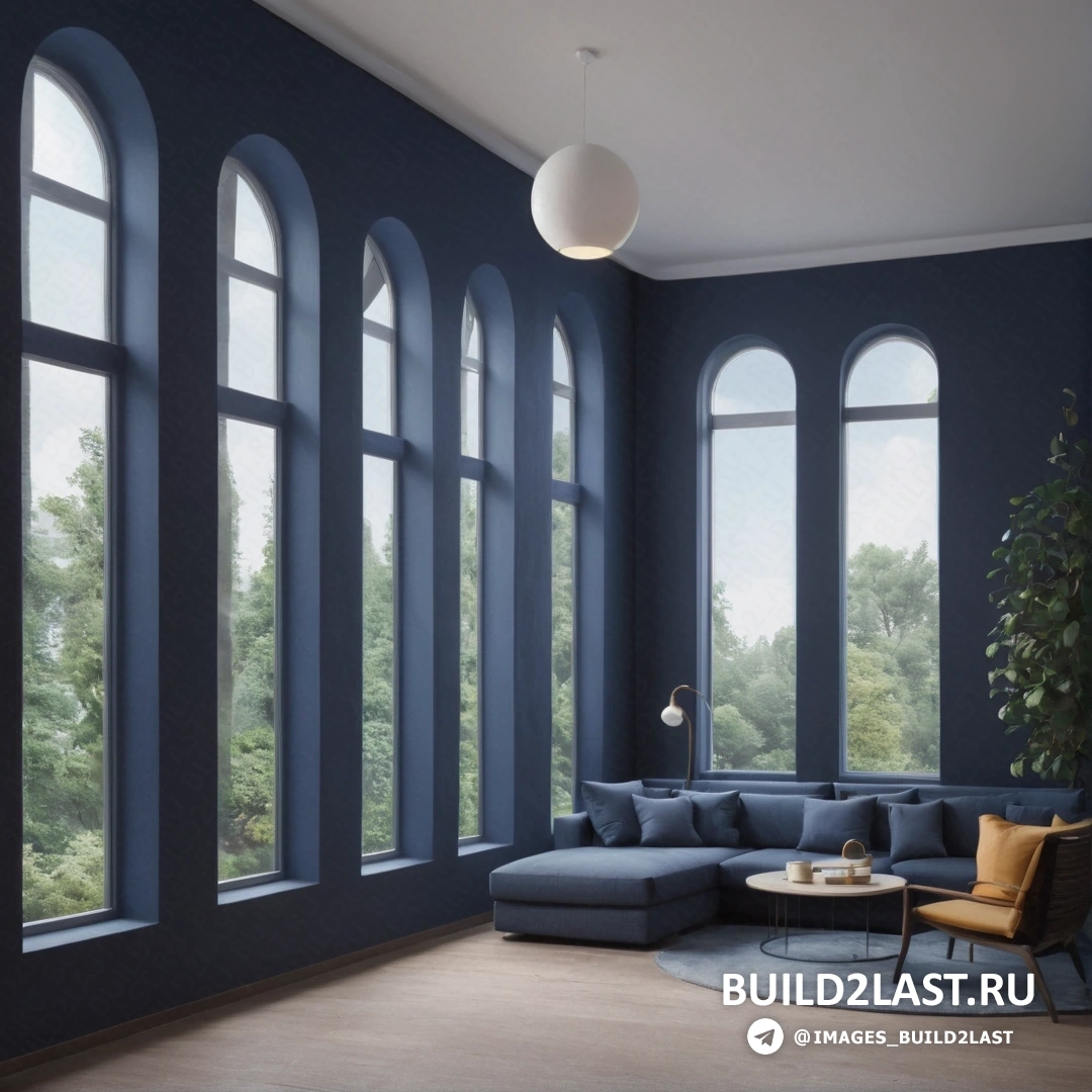 Романско-фламандское барокко. Гостиная с большим синим диваном и круглым журнальным столиком перед большим окном с арочными окнами.