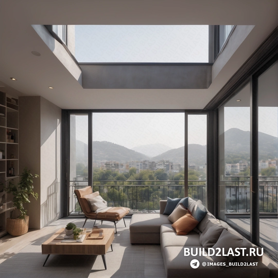 Свет и пространство - 3D рендер. Гостиная с диваном и столом, вид на горы за окном