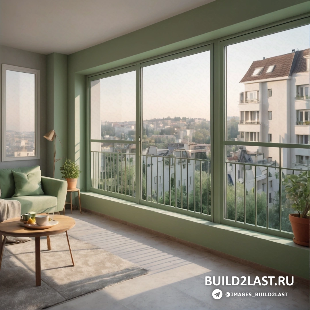 Школа Барбизона - 3D рендер. Гостиная с диваном и столом перед окном с видом на город