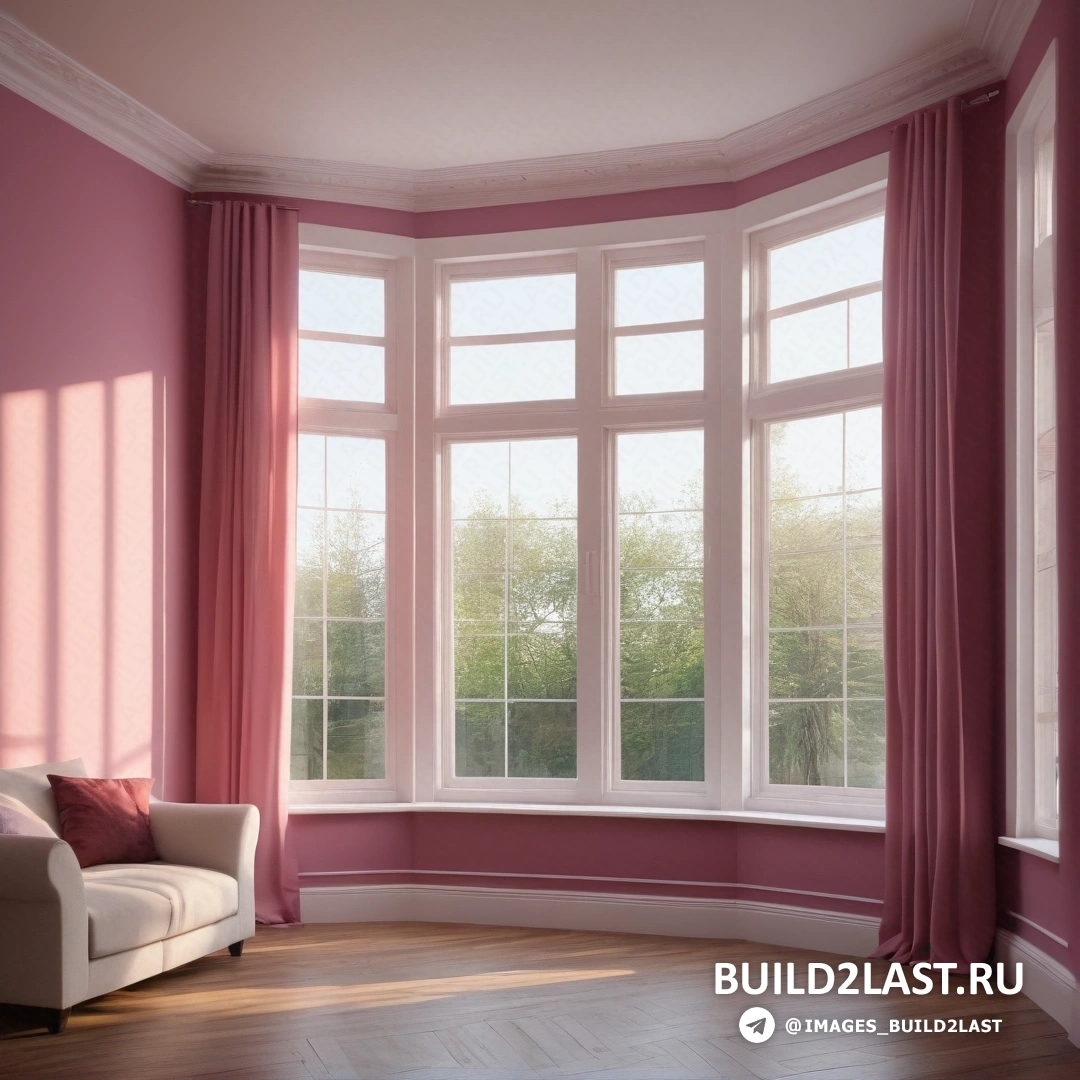 Движение искусств и ремесел - цифровая визуализация. Гостиная с диваном и большим окном с розовыми занавесками по бокам и деревянным полом
