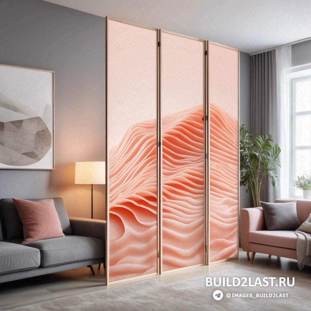 Временный арт - цифровой рендеринг. Гостиная с диваном и большим экраном в углу.