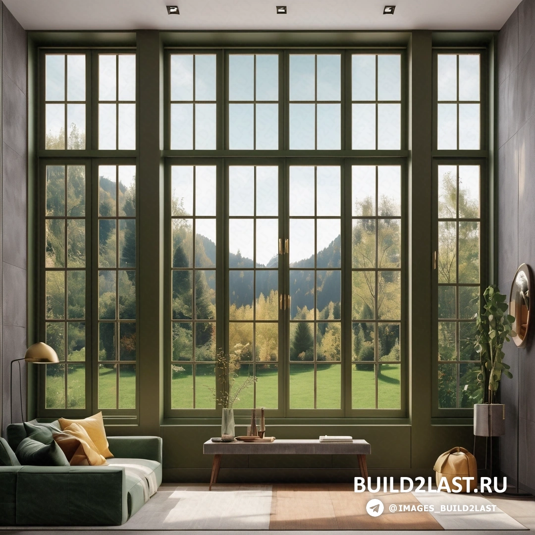 Направление декоративно-прикладного искусства – фламандское барокко. Гостиная с диваном и столом перед большим окном с видом на горы