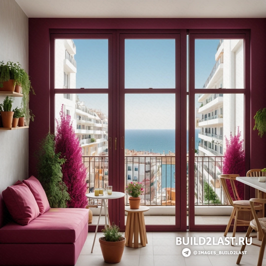 Модерн - цифровой рендеринг. Гостиная с диваном и столом с видом на океан за окном и балконом.