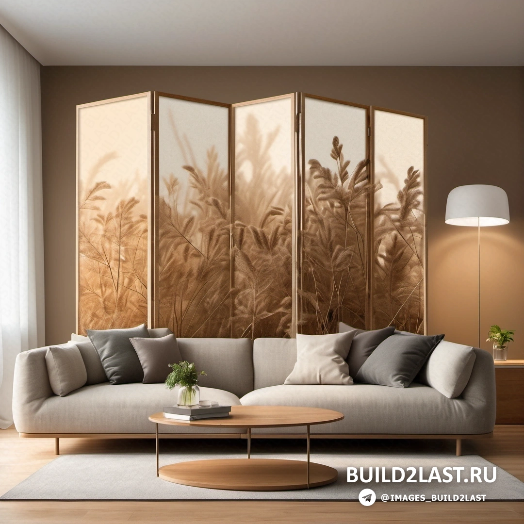 Современная европейская живопись тушью - цифровой рендеринг. Гостиная с диваном и столом, картиной на стене позади и лампой сбоку.