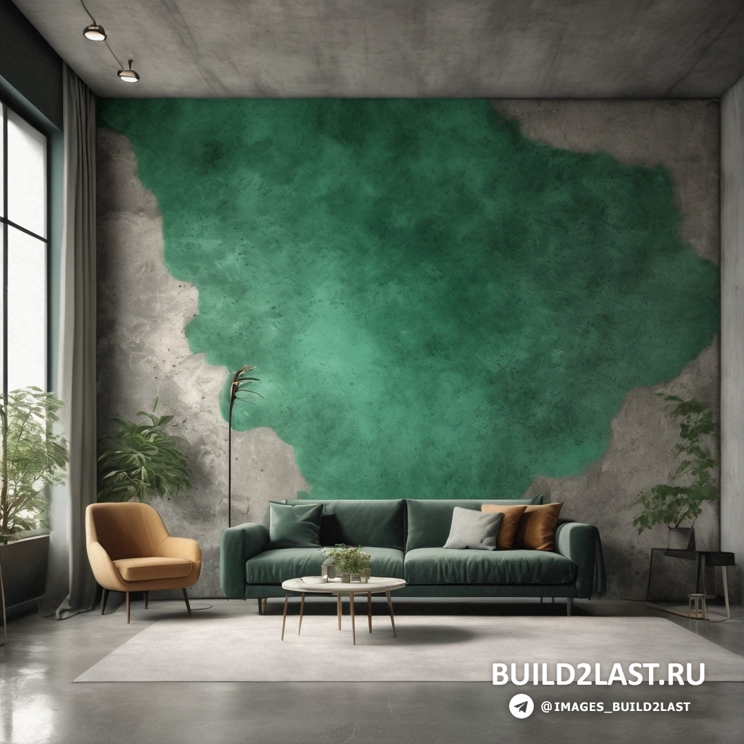 Concrete art - сверхтонкая детальная роспись. Гостиная с диваном, зеленой фреской на стене, стулом и столом.