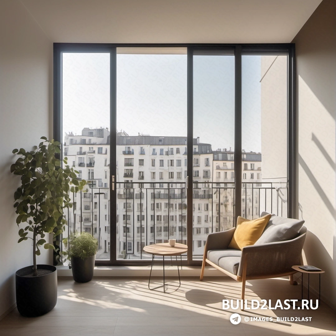 Свет и пространство - 3D рендер. Гостиная с диваном и креслом у окна с видом на город за окном